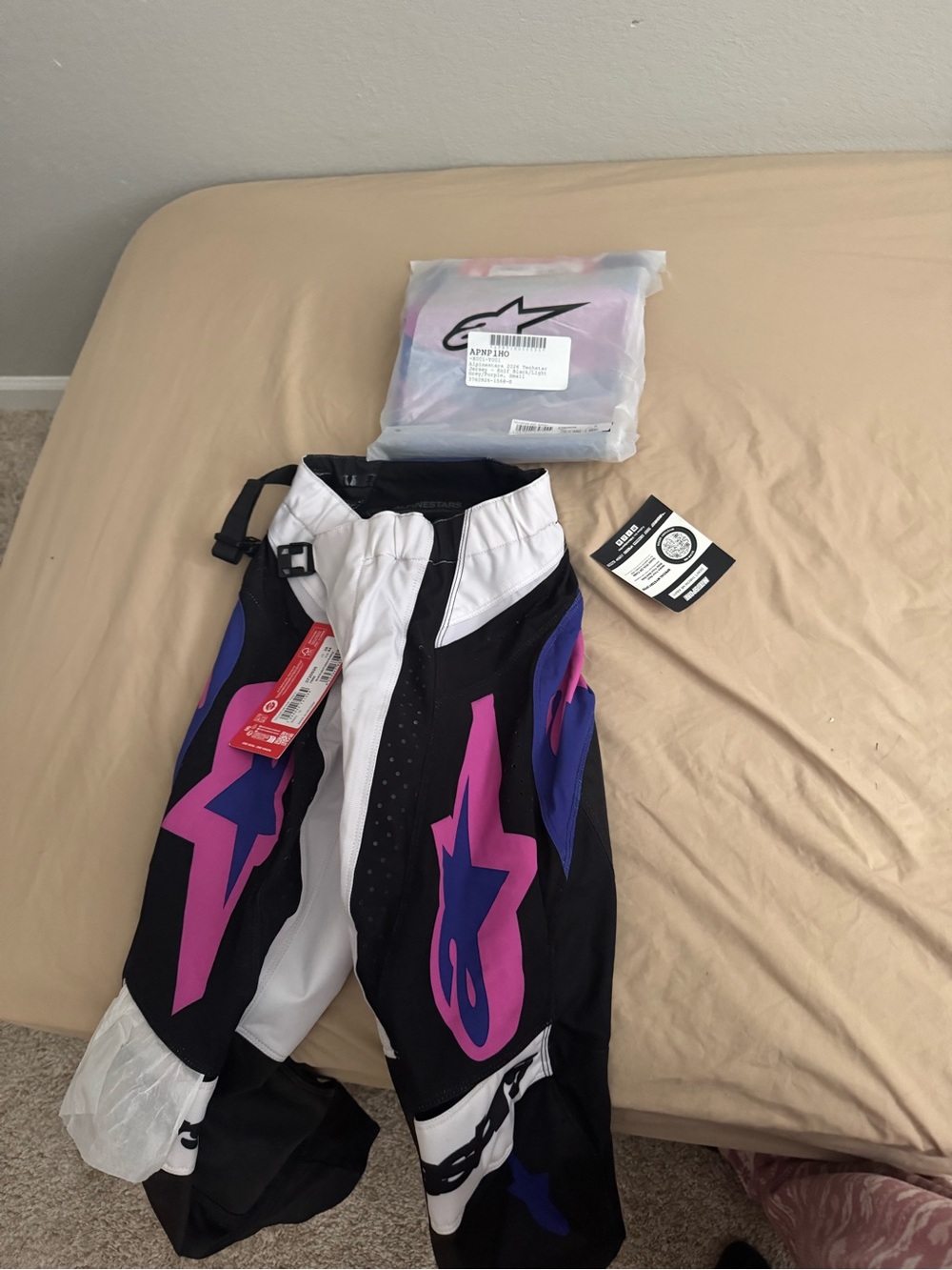 Alpinestars Black White Pink Purple Motocross Pants and shirt in package